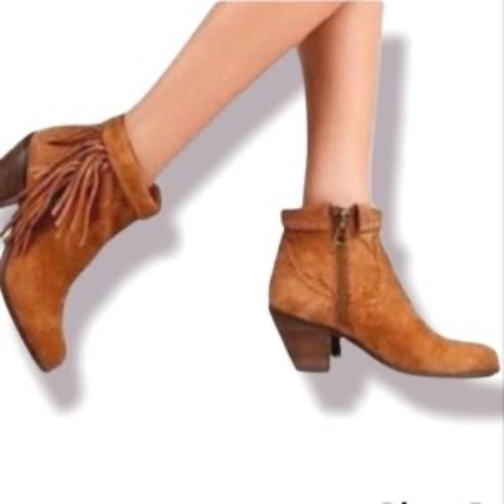 Sam Edelman Louie Distressed Tan Leather Fringe Trim Ankle Bootie Sz 7.5